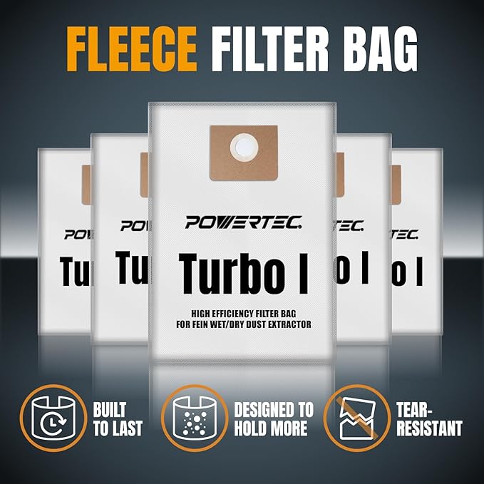 POWERTEC Turbo I, 9-20-27 Fleece Filter Bags 10PK, for Fein Dustex 25 L Wet/Dry Dust Extractor, for Fein 31345061010 Shop Vacuum Replacement Bags, Filter Bags, Dust Bags (75041-P2)
