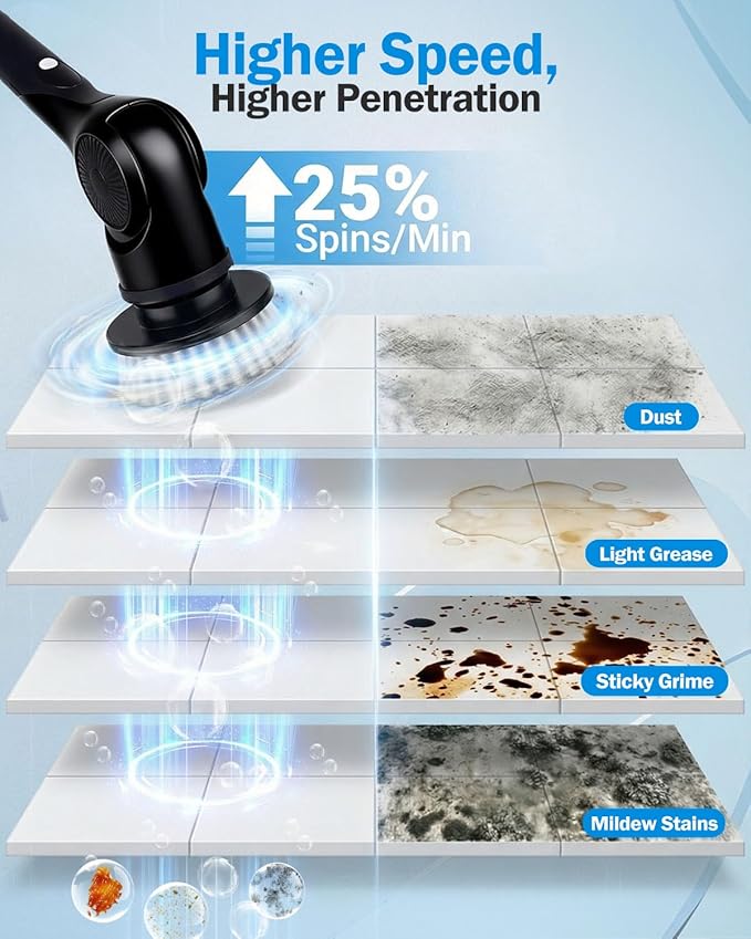 Electric Spin Scrubber, 3-Speed Cordless Shower Scrubber with 90° Adjustable & 10 Replaceable Brush Heads, 90 Mins Runtime & Full-Body IPX7 Waterproof Shower Cleaner Brush with Long Handle