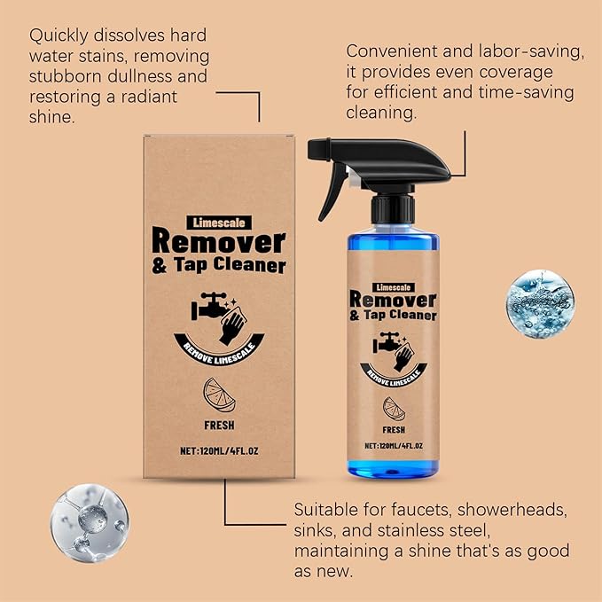Limescale Remover & Tap Cleaner, Hard Water Stain Cleaner - Powerful Stain Remover for Faucets, Showerheads, Sinks, Stainless Steel Surfaces for Bathroom & Kitchen (2)