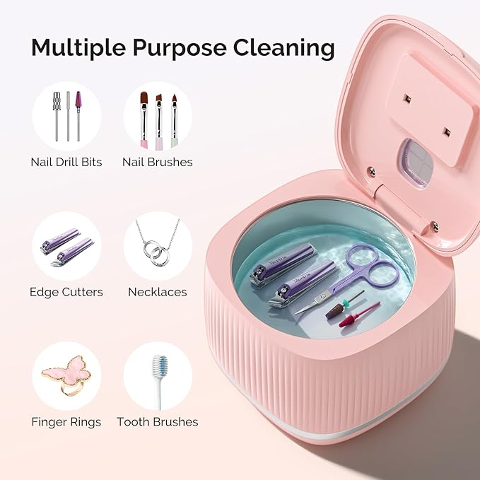 MelodySusie 2 in 1 Nail Tool Cleaning Machine, 3 Timers Mode for Nail Drill Bits, Nail Art Brush, Nail Clipper, Jewelry Cleaning, Salon & Home Use, Pink,DL-160