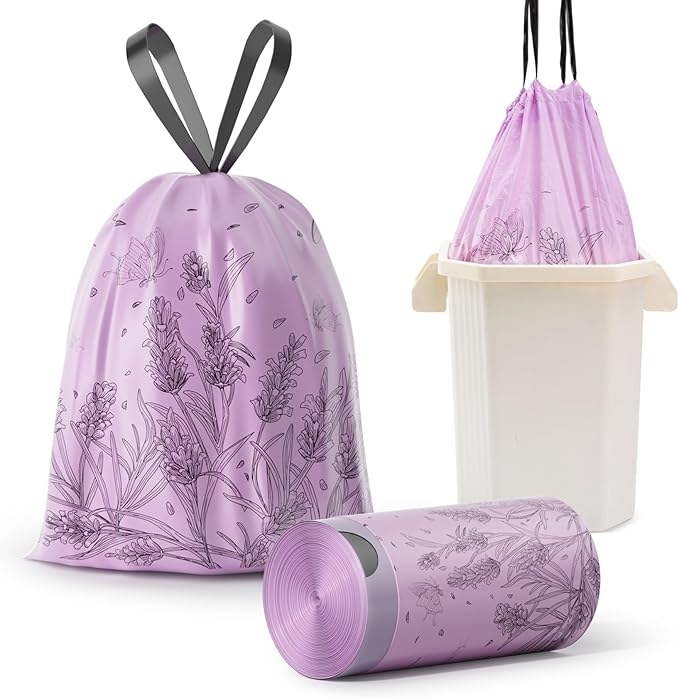 Trash bags, 4 Gallon Trash Bags Drawstring, Colorful & Portable Small Trash Bags with Lavender Printed, Tear-Resistant Garbage Bags 4 Gallon for Bathroom Office Trash Cans, 50 Count