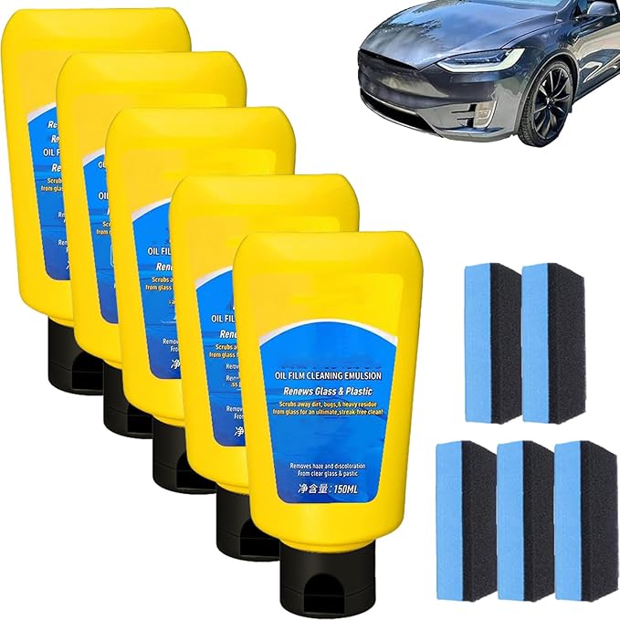 Glass Oil Film Remover, Car Coating Spray Oil Film Cleaning Emulsion Glass Cleaner, Glass Film Removal Cream with Sponge (5pcs)
