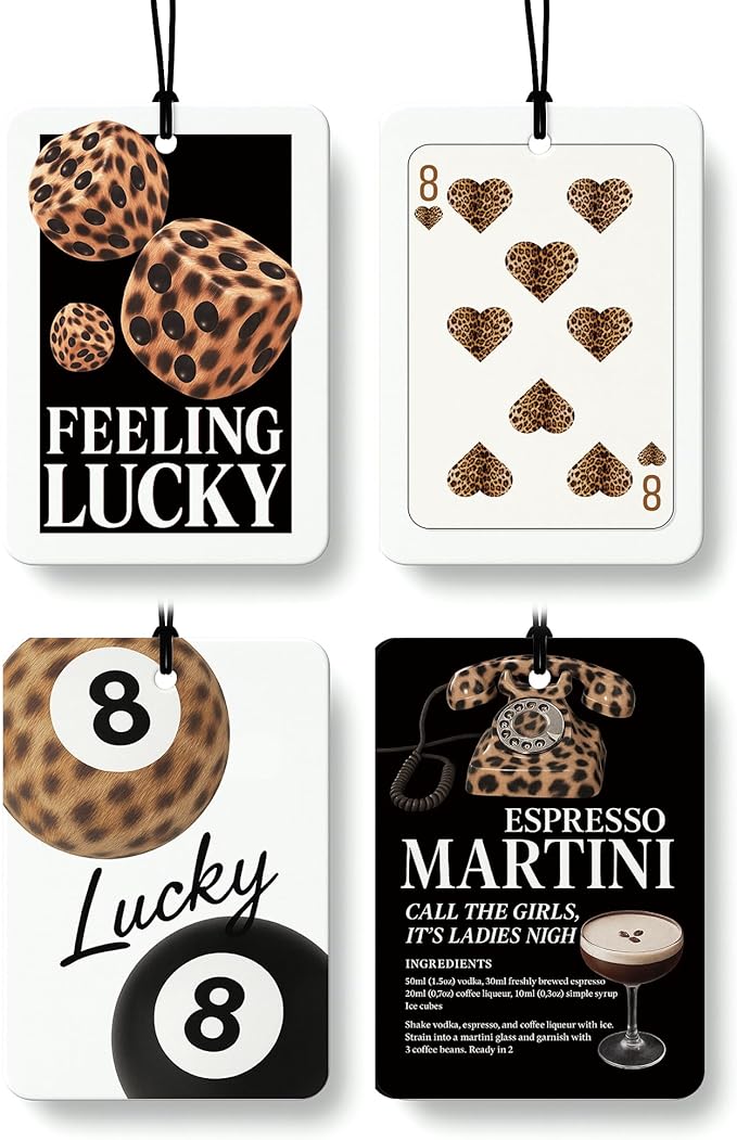 Preppy Retro Cheetah Print Car Air Freshener 4 Pcs, Leopard Print Lucky 8 Ball Dice Hanging Air Freshener for Home Bar Cars Closet Drawer Books, Girly Car Accessories Mirror Decor for Women