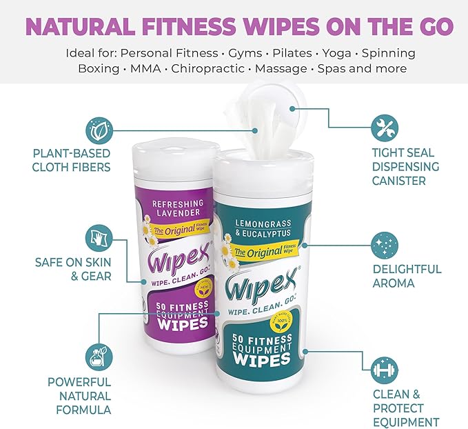 Wipex Fitness Equipment Wipes - EWG Verified - 50 Ct Original Natural Plant Based Gym Wipes for Equipment, Clean Surfaces at Home or Gym, Use as a Yoga Mat Cleaner, Lemongrass, Eucalyptus & Vinegar