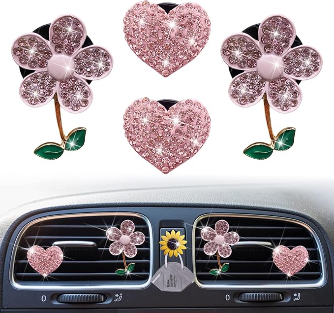 Bling Pink Daisy Car Air Fresheners with 4 Heart Vents Clips for Women's Carr deco + Mask Hook