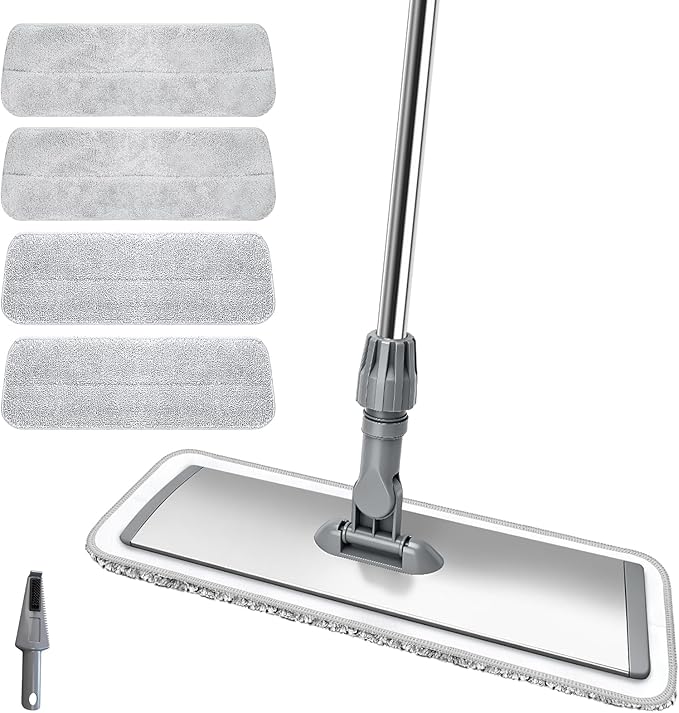 17.7" Microfiber Mop for Floor Cleaning, 59in Long Adjustable Stainless Steel Handle, 360° Rotating Large Flat Mops, 4 Washable Pads for Dry & Wet Cleaning for Hardwood, Vinyl, Laminate, Grey