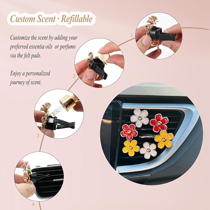 6pcs Flower Car Air Freshener Vent Clips,Red Yellow White Daisy Car Dashboard Accessories,3.3cm/3cm Flower Air Vent Clip for Women,Refillable Car Diffuser Decor