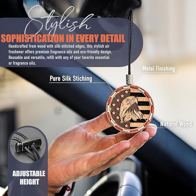 Handmade Wood Car Air Freshener — American Flag Designed Refillable Essential Oil Diffuser — Long Lasting diAquatoria Fragrance Oil 10 ml — Car Accessories Gift Box