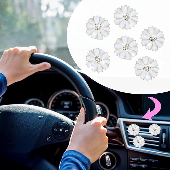 Daisy Air Vent Clips - 6 Pcs Cute Flower Car Air Fresheners Vents Clips Glam Car Interior Decor Charm Accessories for Women (White)+ Mask Hook