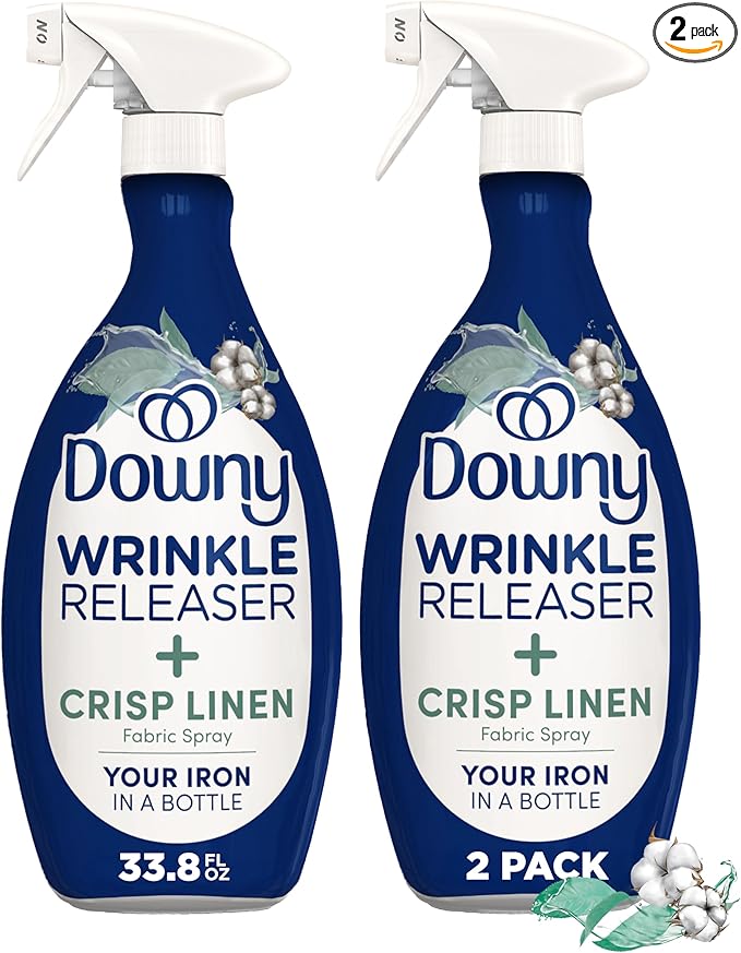 Downy Wrinkle Releaser Spray, All In One Formula, Removes Wrinkles, Static and Odor Eliminator, Crisp Linen Scent, 33.8 Fl Oz, Pack of 2 (Packaging May Vary)