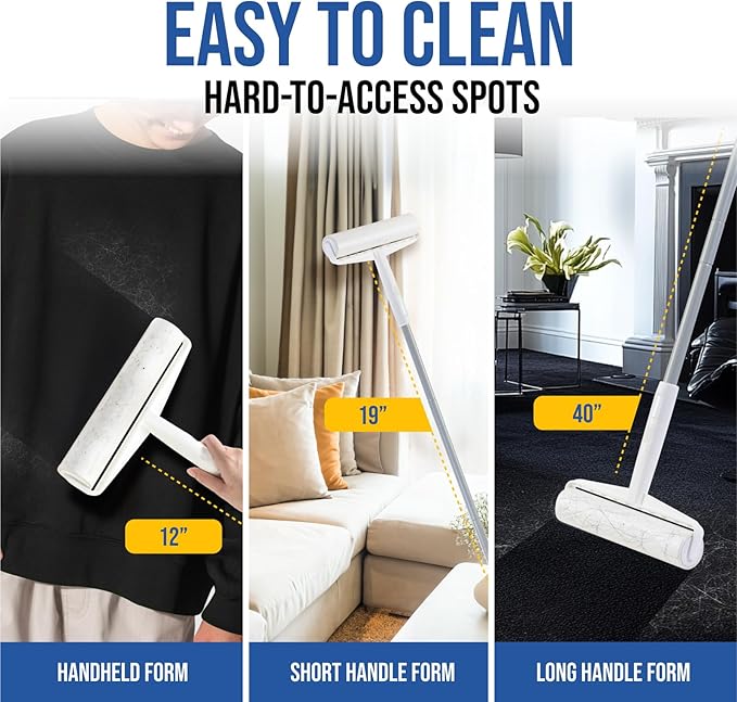 Large Lint Roller with Long Handle – 9.45" Heavy Duty Giant Lint Rollers for Pet Hair – Sticky Roller with Extendable Handle and Refills for Floor, Furniture, Couch, Carpet