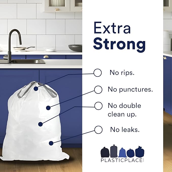Plasticplace Custom Fit Trash Bags, Compatible with Simplehuman Code L (100 Count) White Drawstring Garbage Liners 4.8 Gallon / 18 Liters, 16.75" x 24.5"