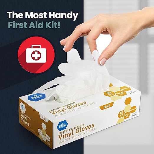 MED PRIDE Disposable Medical Grade Vinyl Exam Gloves, Latex & Powder Free, Ultra-Strong, for Healthcare & Food Handling (sMALL (Pack of 100) 100 Clear)