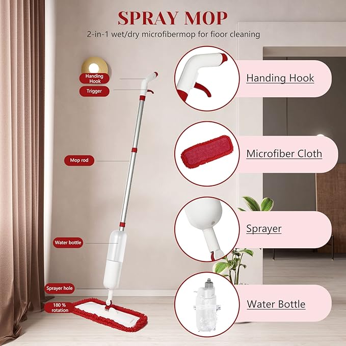 Spray Mop for Floor Cleaning, Wet Dry Microfiber Mop with 4 Washable Pads 650 ml Refillable Bottle and 1 Scraper for Home Kitchen Hardwood Laminate Wood Vinyl Ceramic Tiles Wooden Floor