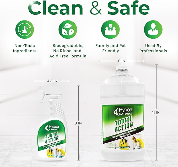 Hygea Natural Tough Action Tile & Grout Cleaner Duo - Deep Cleans Dirt & Scum, Conditions & Enhances Stone Color - Acid-Free & Residue-Free Biodegradable Formula (24 oz Spray + Concentrated Gallon)
