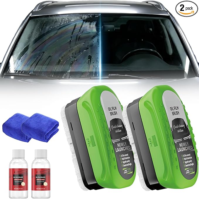 Oil-Free Car Glass Brushes, 2026 Upgrade Clear Vision Glass Cleaner,120ml Automotive Oil Film Cleaning Brush for Car Windows,Handheld Glass Oil-film Remover with Towel,2 Se