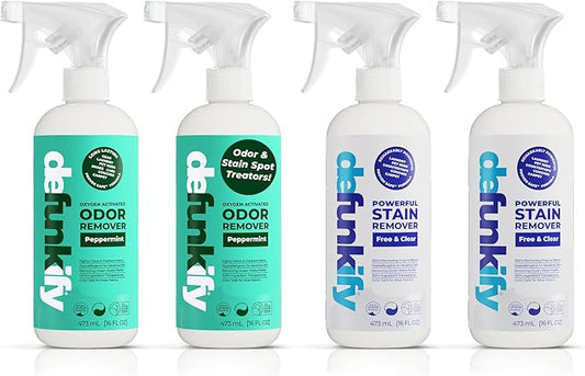 Get Stinky Bundle- 2Pk 'Peppermint' Essential Oil Odor Eliminator Deodorizer & 2Pk Laundry Stain Remover, Spot Treater Prewash Detergent Cleaning Spray for Fabric, Sensitive Gear, Activewear