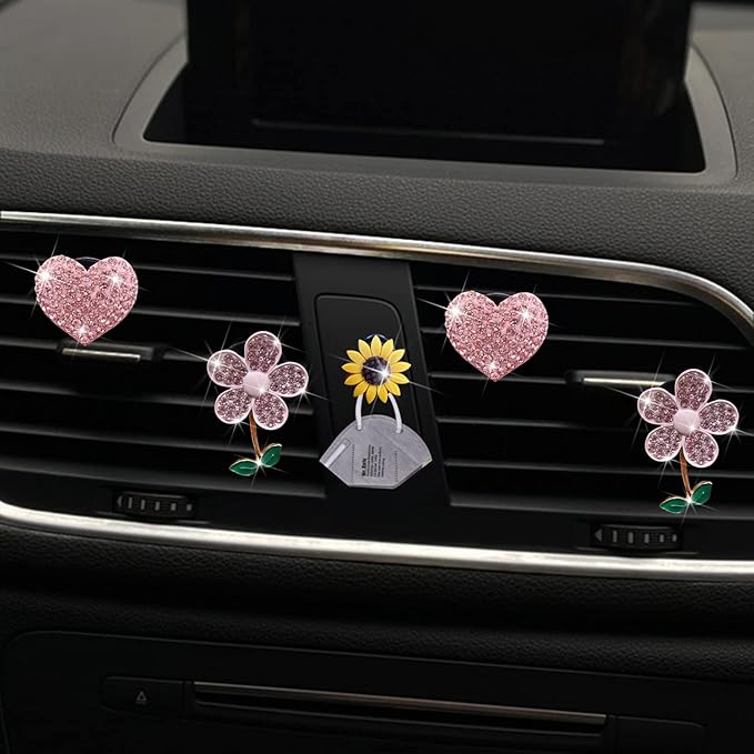Bling Pink Daisy Car Air Fresheners with 4 Heart Vents Clips for Women's Carr deco + Mask Hook