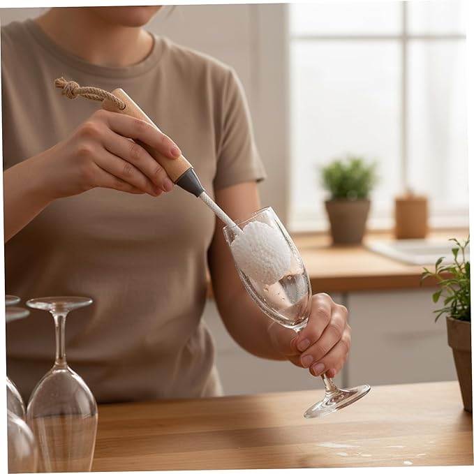 Gcroet Wine Glass Cleaner Set of 2 Non-Scratch Bristle Water Bottle Cleaning Brush with Wooden Handle Safe for Crystal, Champagne Flutes, and Stemware..