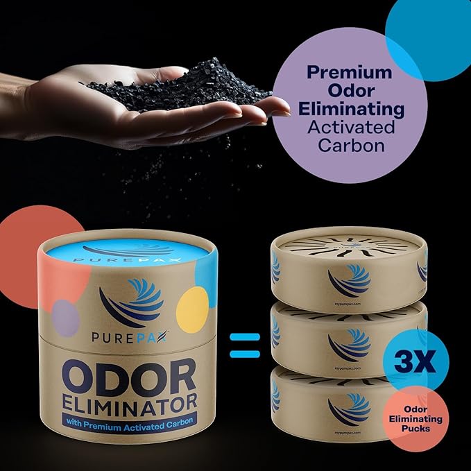 PUREPAX Odor Eliminator For Small Spaces - Premium Activated Carbon Charcoal Unscented 3 Count (Pack of 2) - Strong Odor Remover for Shoes, Fridge, Diaper Pail, Closet, Drawers, Car, Locker, Gym Bag