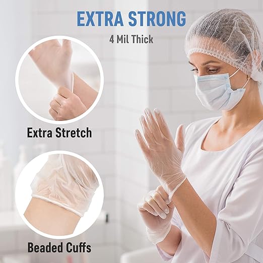 Powder Free Disposable Gloves Medium, [1000 Count] - 4 Mil Clear Vinyl Gloves- Extra Strong, 4 Mil Thick - Latex Free, Food Safe, Medical Exam Gloves, Cleaning Gloves - 10 Boxes of 100