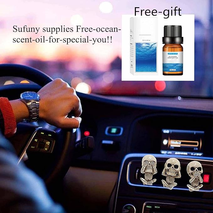 Evil Skull Car Air Fresheners Vent Clips, Cool Skull Car Accessories with 6 Felt Pads, Cute Automotive Halloween Decorations Interior for Men Women