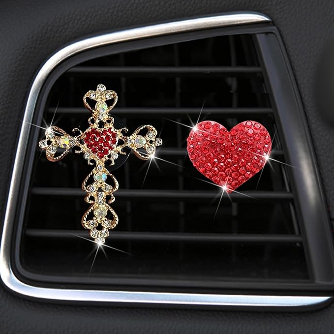 2PCS Bling Car Vent Clip Car Accessories, Crystal Rhinestone Cross and Heart Car Air Fresheners Vent Clips, Diamond Auto Air Conditioner Outlet Decoration Charm for Women