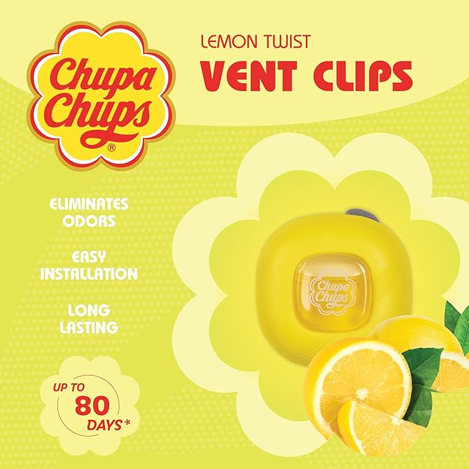 Chupa Chups Car Air Freshener, Lemon Twist - Long Lasting Car Fresheners with Fun Scents, Colorful and Vibrant Air Freshener for Car, Unique Car Freshner Perfume Deodorizer- 4Pack (8pcs Total)