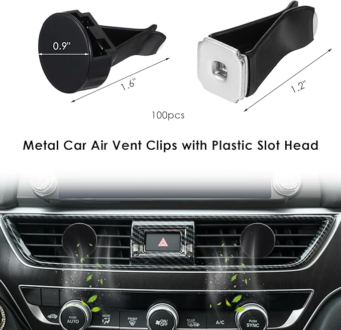 100 Pcs Metal Car Vent Clips with Round Plastic Slot Head, Air Vent Clips Car Accessories Replacement, Car Air Fresheners Perfume Vent Clips for Most Car, Office, Home (Black, 40x24mm)