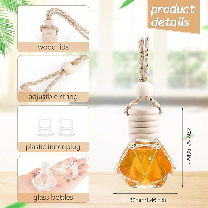 50 Pack Hanging Car Air Freshener Bottle Empty Essential Oil Diffuser Glass Bottles Perfume Aromatherapy Fragrance Pendant Diffuser Bottles Auto Ornaments Decor