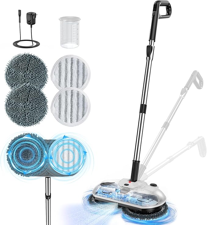ScrubWiz Cordless Electric Mop, Electric Spin Mop with Water Spray, Powerful Floor Cleaner, Super Quiet Cleaning & Waxing, White and Black