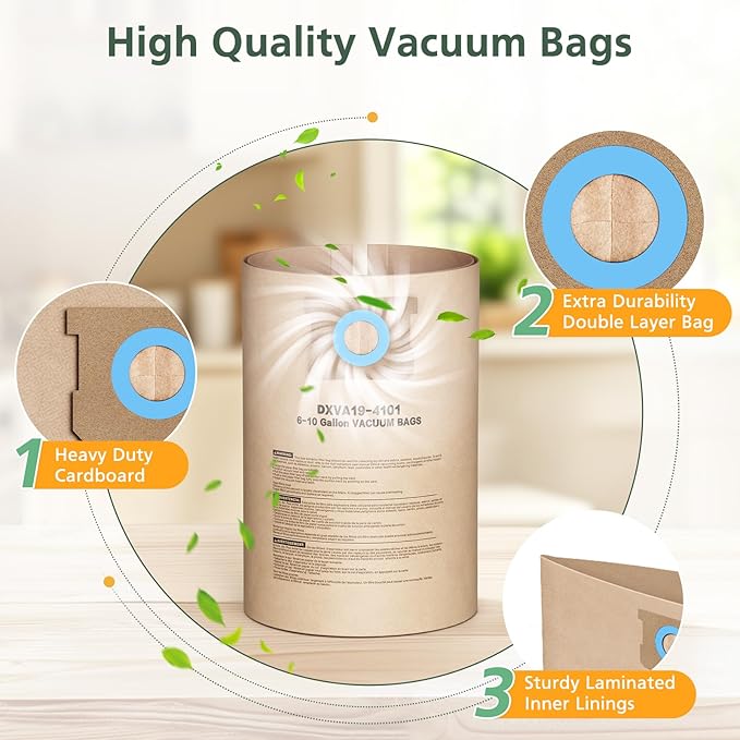 12 Pack DXVA19-4101 Vacuum Bags For DEWALT 6, 8, 9, 10 Gallon Wet/Dry Shop Vacuums, Replacement Disposable Filter Bags for DeWalt DXV06P, DXV09P, DXV09PA, DXV10P, DXV10PL, DXV10S, DXV10SA, DXV10SB