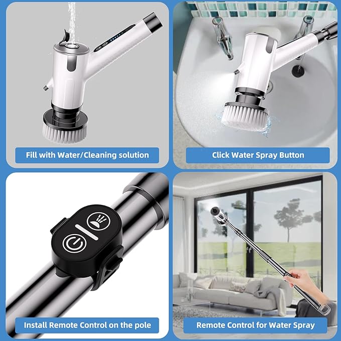 Water Spray Electric Spin Scrubber, Upgrade Electric Spin Cordless Tub and Tile Scrubber with Remote Control IPX7 Waterproof Power Spin Scrubbers for Cleaning Bathroom, Floor, Car