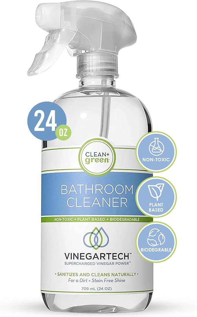 CLEAN+GREEN VinegarTech Bathroom Cleaner - Vinegar Spray All Purpose Cleaner Removes Dirt & Grime Shower, Tub, Tile Floor - Vinegar Cleaner Household Cleaning Supplies - Cleaning Vinegar 24 Fl Oz