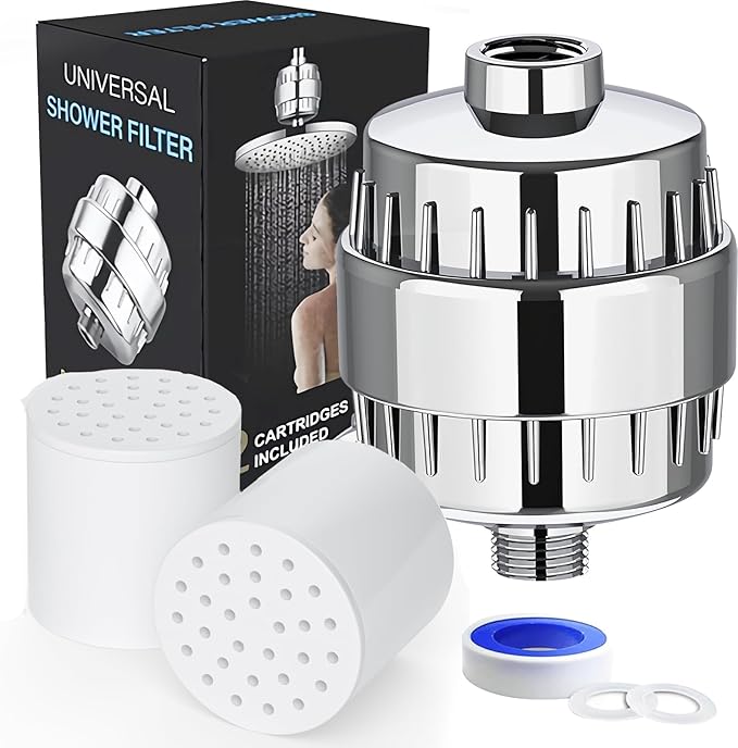 20-Stage Shower Filter-Shower Head Filter for Hard Water, with 2 Replaceable Filter Cartridges, High Output Shower Water Filter for Removing Chlorine and fluoride, Polished Chrome