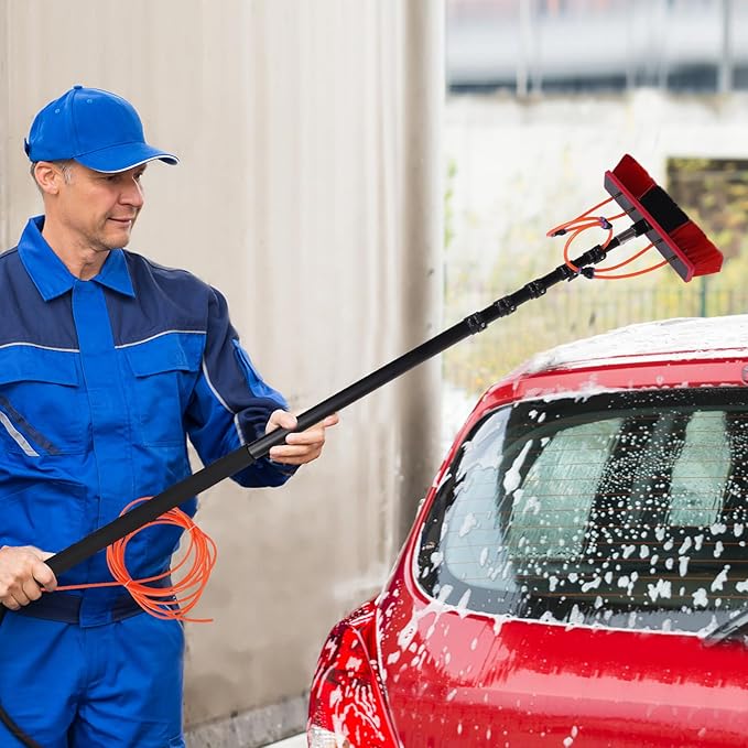 Telescopic Water Fed Pole Brush, 65ft Length Stretchable Solar Panel Cleaning Brush Kit Car Glass Washing Equipment Tool Outdoor Window Cleaner w/Hose Extension Pole Water Spray Washer(65ft)