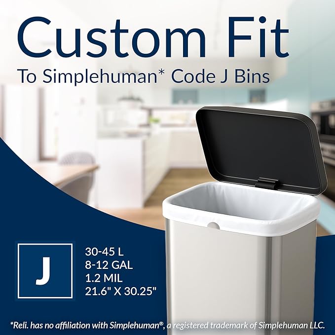 Reli. SuperFit Code J (60 Count) | Compatible with Simplehuman Code J | Dispenser Pack Custom Fit Liners | Drawstring Trash Bags | 30-45 Liter / 8-12 Gallon | White