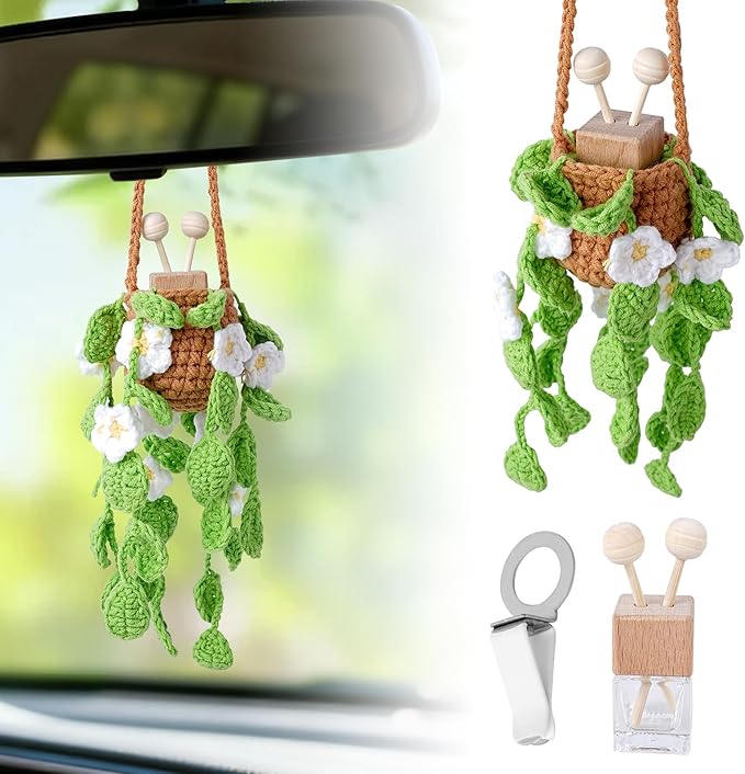 Crochet Car Air Freshener, 8ml Empty Refillable Oil Diffuser Bottle with Hanging Crochet White Daisies Plant & Hanging Tools, Car Rearview Mirror Diffuser for Wall Art & Home & Office Decoration