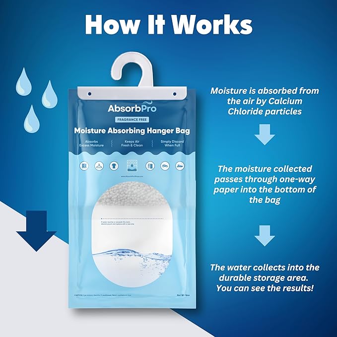 Moisture Absorbing Hanger Bag Fragrance Free - 3-Pack - 16 oz Hanging Dehumidifying Packs for Home, Kitchen, Bedroom, Bathroom, Closet, Small Rooms, Cars