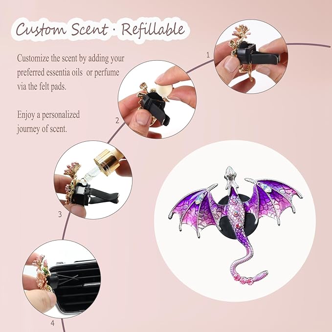 Purple Dragon Car Accessory,1pcs Bling Wyvern Car Air Freshener Vent Clip,Cute Girly Refillable Air Freshener Diffuser,Dazzing Rhinestone Dashboard Decoration for Women