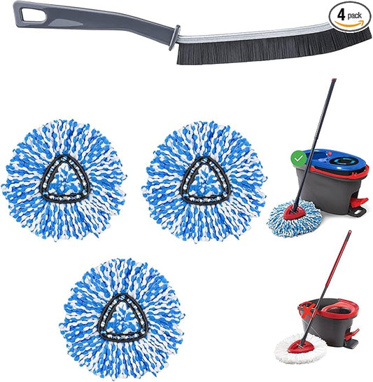 3 Pack Microfiber Mop Refills with Grout Cleaner Brush - Easy to Replace Spin Mop Replacement Head Compatible with EasyWring RinseClean 2 Tank System - Deep Cleaning, Machine Washable