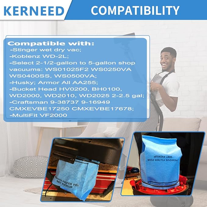 16 Pack Wet Dry Filter Bags Compatible with WORKSHOP WS01025F2, Craftsman 9-38737, MultiFit VF2000, Select 2-1/2 to 5-Gallon Shop Vac Vacuum Stinger Craftsman Husky (with 6 Retaining Bands)