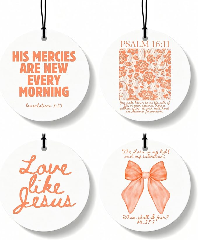 Orange Christian Round Car Air Freshener 4 Pcs, Girly Orange Bow Floral Religious Hanging Air Freshener for Cars Closet Drawer Books, Cute Preppy Car Accessories Mirror Decor for Women