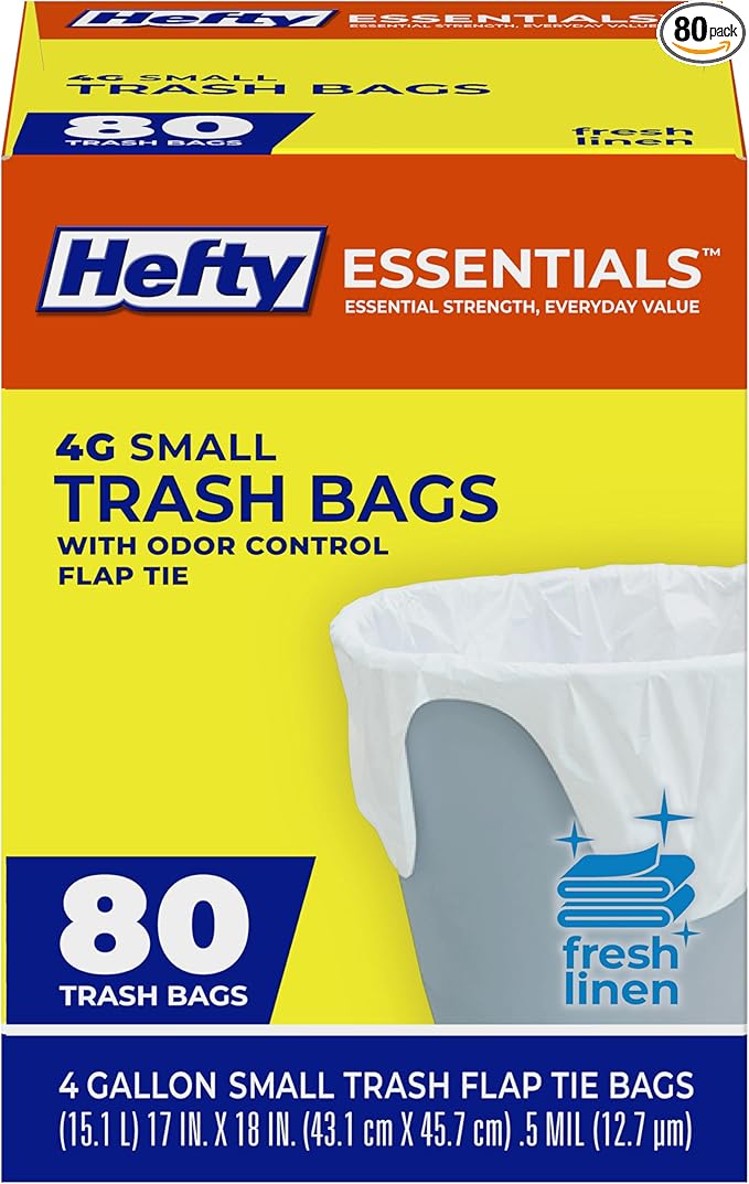 Hefty Essentials Flap Tie 4 Gallon Trash Bags, 80 Count, Small Scented Trash Bags for Bathrooms, Bedrooms, Dorm Rooms, Home Offices, and More, Fresh Linen Scent, White