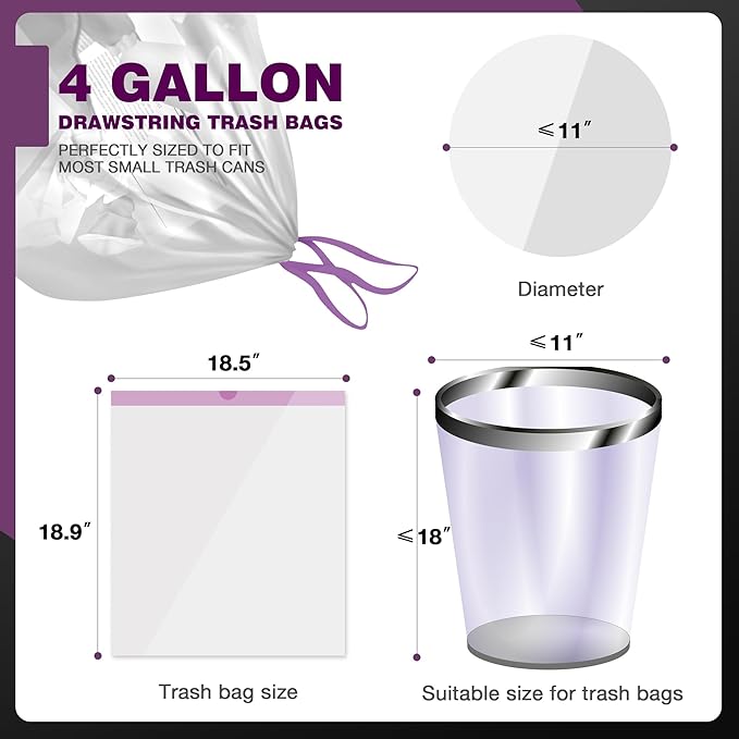 JOYEUX Small Trash Bags 4 Gallon - 90 Count Drawstring Small Garbage Bags, White Mini Trash Can Liners for Bathroom, Bedroom, Office, Faint Scented