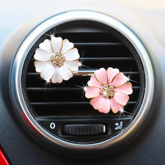 2 Pieces Daisy Flower Air Vent Clip Cute Car Air Freshener Clip Bling Rhinestone Car Air Outlet Decorations Charm Car Inter Decor Accessories for Girls Women