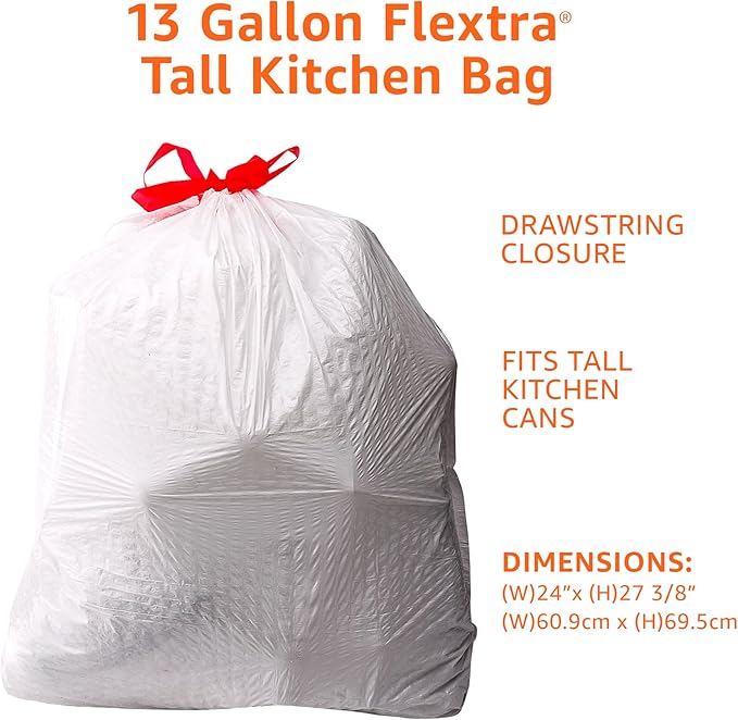 Amazon Basics 13 Gallon Tall Kitchen Drawstring Trash Bags, Flextra Strength, Tear Resistant, Puncture Resistant, 10% Post Consumer Recycled, 90 Count, White