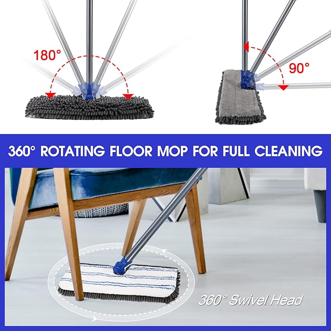 Masthome EasyWring Microfiber Spin Mop with 3 Mop Pads & Masthome Flat Flip Dust Mop with 4 Reusable Pads for Hardwood, Laminate,Tile Floor Cleaning-1 Scraper