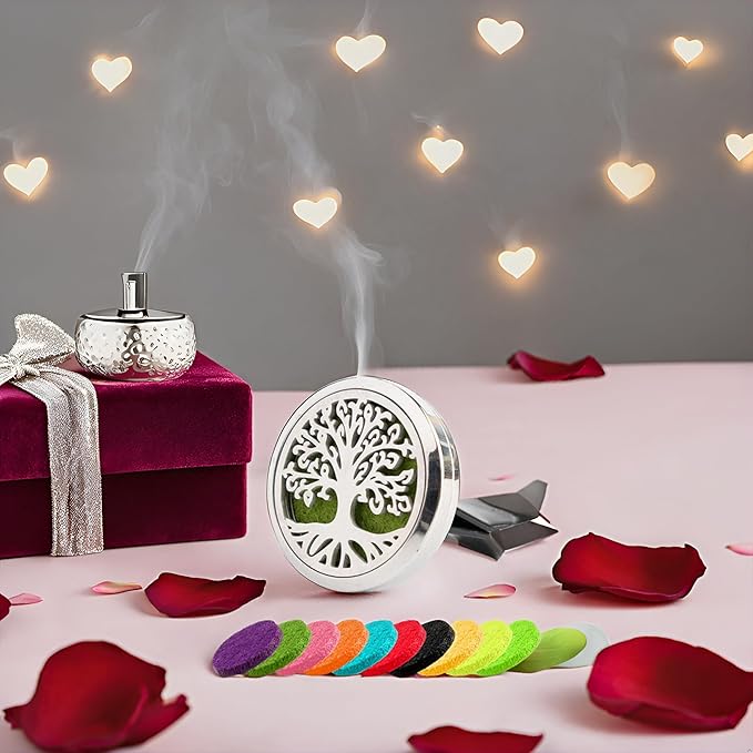 AUEAR, Car Diffuser Vent Clips Tree of Life Aromatherapy Essential Oil 30mm Stainless Steel Air Fresheners Lockets with 10 Felt Refill Pads for Women Men (Style D)