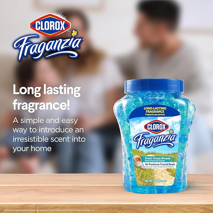 Clorox Fraganzia Crystal Beads Air Freshener, Long Lasting Room Deodorizer and Odor Eliminator Gel Beads to Freshen Home, Car, or Office, Fresh Ocean Breeze Scent, 12 Fl Oz - 2 Pack